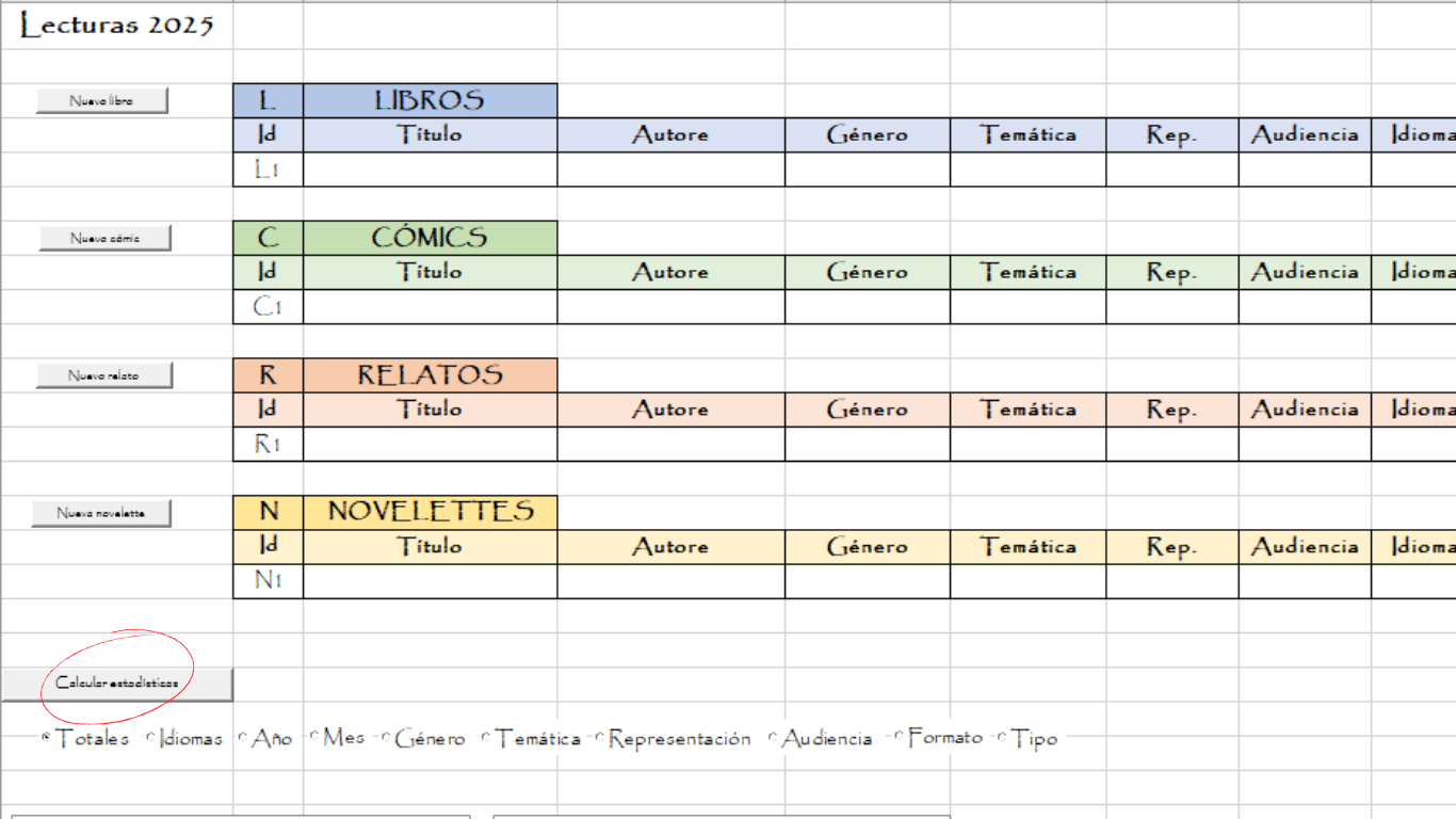Abajo de las tablas, a la izquierda, se encuentra el botón 'Calcular estadísticas'. Pulsalo si deseas calcular las estadísticas de todas tus lecturas registradas.