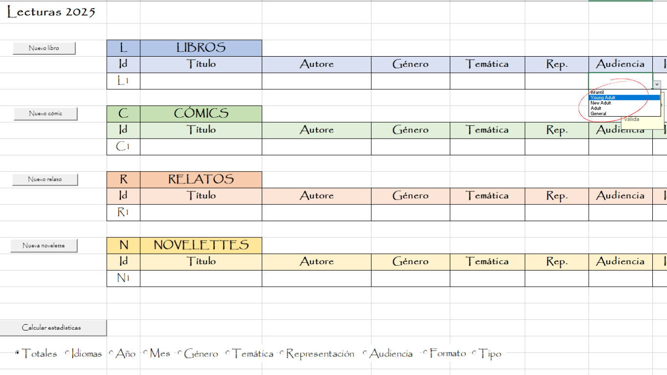 Hay celdas de las tablas con propiedades establecidas. Para verlas, basta con darle click a la celda y luego escoger la que mejor se adapte a la lectura.